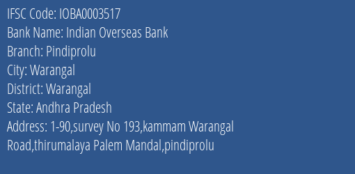 Indian Overseas Bank Pindiprolu Branch Warangal IFSC Code IOBA0003517