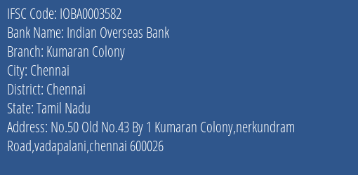 Indian Overseas Bank Kumaran Colony Branch Chennai IFSC Code IOBA0003582
