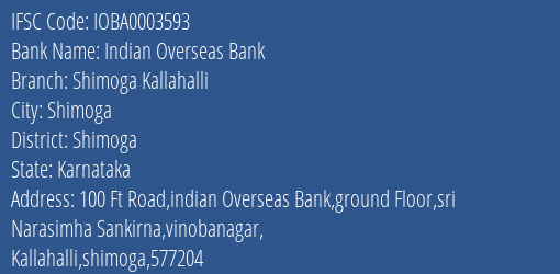 Indian Overseas Bank Shimoga Kallahalli Branch Shimoga IFSC Code IOBA0003593