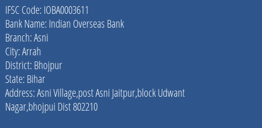 Indian Overseas Bank Asni Branch Bhojpur IFSC Code IOBA0003611