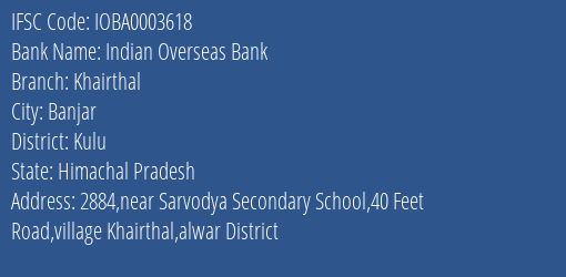 Indian Overseas Bank Khairthal Branch, Branch Code 003618 & IFSC Code IOBA0003618