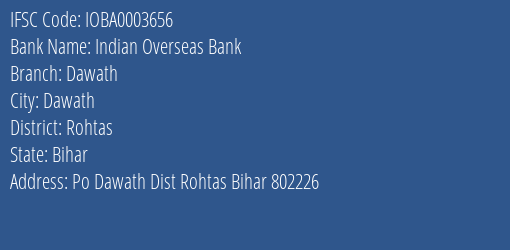 Indian Overseas Bank Dawath Branch Rohtas IFSC Code IOBA0003656
