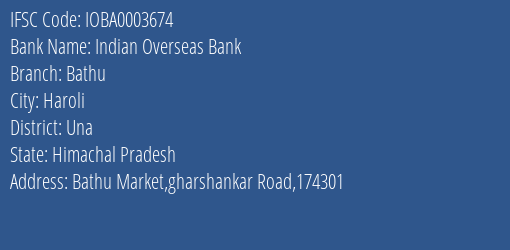 Indian Overseas Bank Bathu Branch Una IFSC Code IOBA0003674