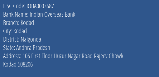 Indian Overseas Bank Kodad Branch Nalgonda IFSC Code IOBA0003687