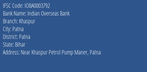 Indian Overseas Bank Khaspur Branch Patna IFSC Code IOBA0003792