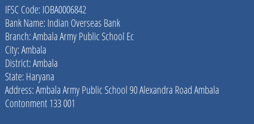 Indian Overseas Bank Ambala Army Public School Ec Branch Ambala IFSC Code IOBA0006842
