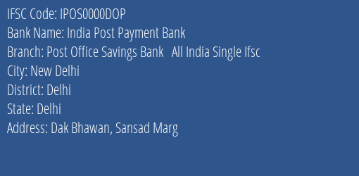 India Post Payment Bank Corporate Office Branch IFSC Code