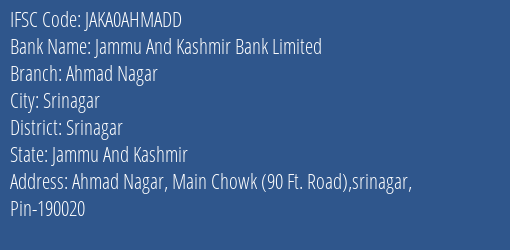 Jammu And Kashmir Bank Limited Ahmad Nagar Branch IFSC Code