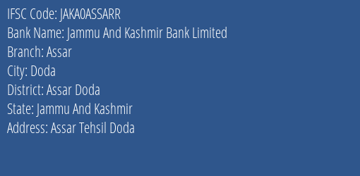 Jammu And Kashmir Bank Limited Assar Branch IFSC Code