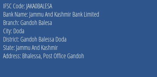 Jammu And Kashmir Bank Limited Gandoh Balesa Branch IFSC Code