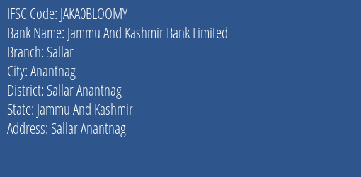 Jammu And Kashmir Bank Limited Sallar Branch IFSC Code