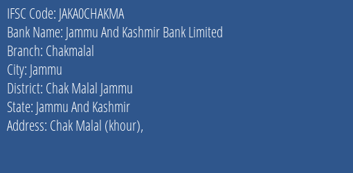 Jammu And Kashmir Bank Chakmalal Branch Chak Malal Jammu IFSC Code JAKA0CHAKMA