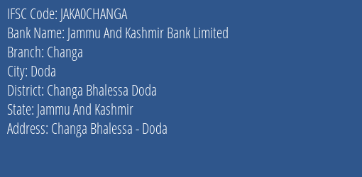 Jammu And Kashmir Bank Limited Changa Branch IFSC Code
