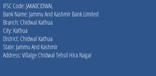 Jammu And Kashmir Bank Limited Chidwal Kathua Branch IFSC Code