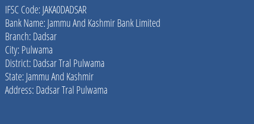Jammu And Kashmir Bank Limited Dadsar Branch IFSC Code