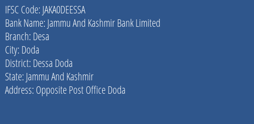 Jammu And Kashmir Bank Limited Desa Branch IFSC Code