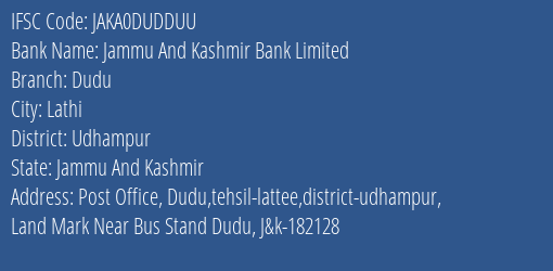 Jammu And Kashmir Bank Limited Dudu Branch IFSC Code