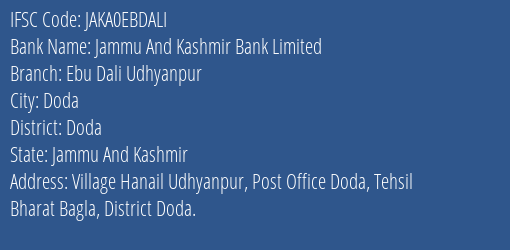 Jammu And Kashmir Bank Limited Ebu Dali Udhyanpur Branch IFSC Code