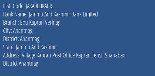 Jammu And Kashmir Bank Limited Ebu Kapran Verinag Branch IFSC Code