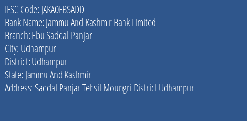 Jammu And Kashmir Bank Limited Ebu Saddal Panjar Branch IFSC Code