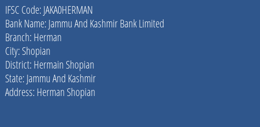 Jammu And Kashmir Bank Herman Branch Hermain Shopian IFSC Code JAKA0HERMAN