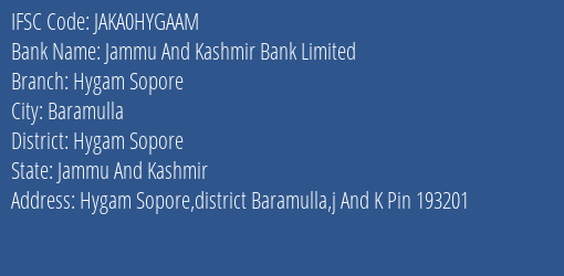 Jammu And Kashmir Bank Limited Hygam Sopore Branch IFSC Code