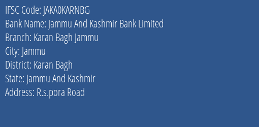 Jammu And Kashmir Bank Karan Bagh Jammu Branch Karan Bagh IFSC Code JAKA0KARNBG