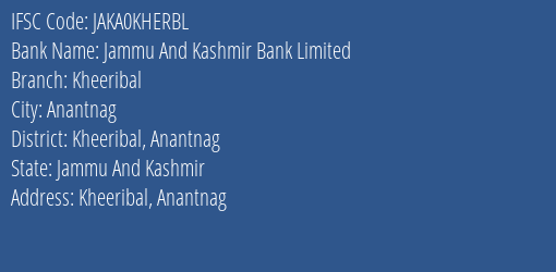 Jammu And Kashmir Bank Limited Kheeribal Branch IFSC Code