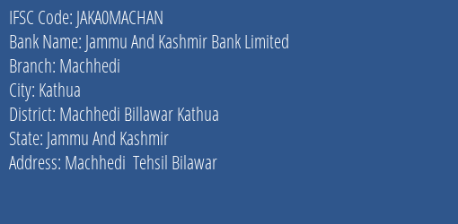 Jammu And Kashmir Bank Limited Machhedi Branch IFSC Code