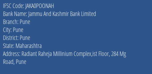 Jammu And Kashmir Bank Limited Pune Branch, Branch Code POONAH & IFSC Code JAKA0POONAH