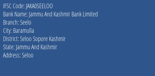 Jammu And Kashmir Bank Limited Seelo Branch, Branch Code SEELOO & IFSC Code JAKA0SEELOO