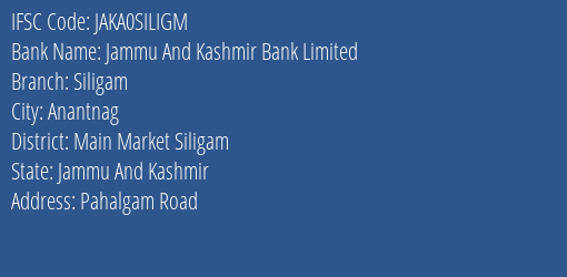 Jammu And Kashmir Bank Limited Siligam Branch IFSC Code