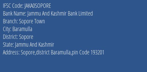 Jammu And Kashmir Bank Limited Sopore Town Branch IFSC Code