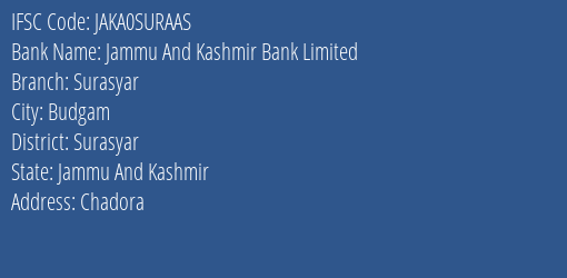 Jammu And Kashmir Bank Surasyar Branch Surasyar IFSC Code JAKA0SURAAS