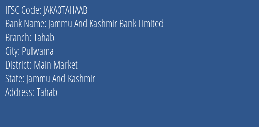 Jammu And Kashmir Bank Limited Tahab Branch IFSC Code