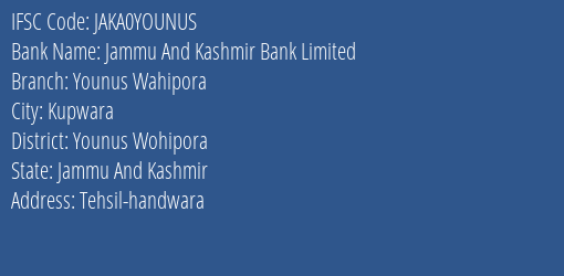 Jammu And Kashmir Bank Limited Younus Wahipora Branch IFSC Code