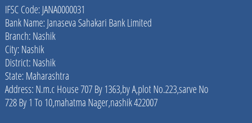 Janaseva Sahakari Bank Limited Nashik Branch, Branch Code 000031 & IFSC Code JANA0000031
