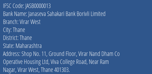Janaseva Sahakari Bank Borivli Limited Virar West Branch, Branch Code 000013 & IFSC Code JASB0000013