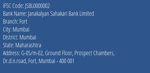 Janakalyan Sahakari Bank Limited Fort Branch, Branch Code 000002 & IFSC Code JSBL0000002