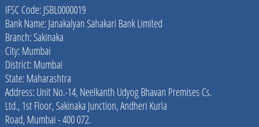 Janakalyan Sahakari Bank Limited Sakinaka Branch, Branch Code 000019 & IFSC Code JSBL0000019