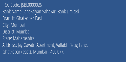Janakalyan Sahakari Bank Limited Ghatkopar East Branch IFSC Code