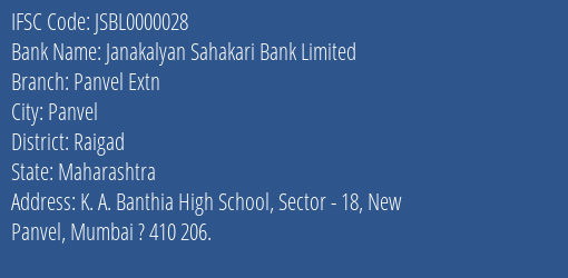 Janakalyan Sahakari Bank Limited Panvel Extn Branch, Branch Code 000028 & IFSC Code JSBL0000028