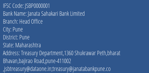 Janata Sahakari Bank Limited Head Office Branch, Branch Code 000001 & IFSC Code JSBP0000001