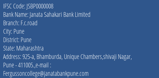 Janata Sahakari Bank Limited F.c.road Branch, Branch Code 000008 & IFSC Code JSBP0000008