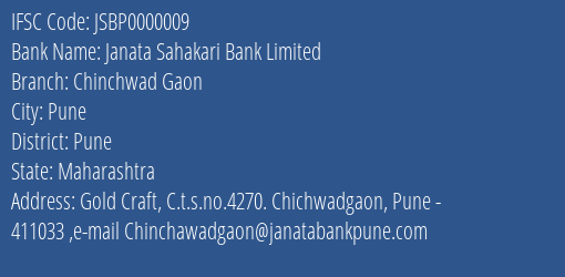 Janata Sahakari Bank Limited Chinchwad Gaon Branch, Branch Code 000009 & IFSC Code JSBP0000009