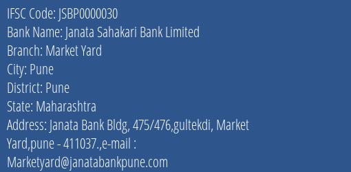 Janata Sahakari Bank Limited Market Yard Branch, Branch Code 000030 & IFSC Code JSBP0000030