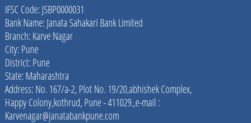 Janata Sahakari Bank Limited Karve Nagar Branch, Branch Code 000031 & IFSC Code JSBP0000031
