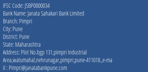 Janata Sahakari Bank Limited Pimpri Branch, Branch Code 000034 & IFSC Code JSBP0000034