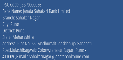 Janata Sahakari Bank Limited Sahakar Nagar Branch, Branch Code 000036 & IFSC Code JSBP0000036