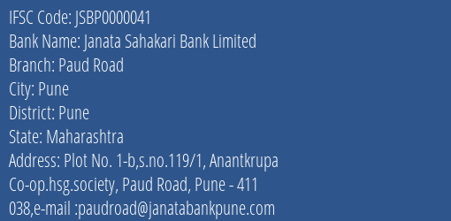 Janata Sahakari Bank Limited Paud Road Branch, Branch Code 000041 & IFSC Code JSBP0000041